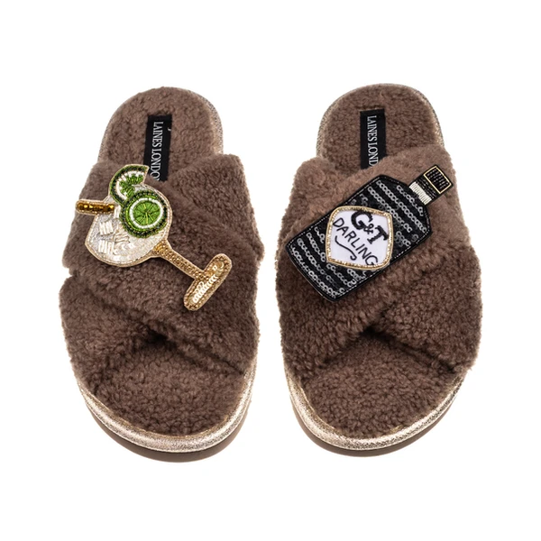 Laines London Laines Neutral Boucle Slippers With Botanical Gin Brooches
