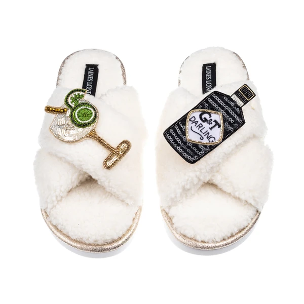 Laines London Laines Neutral Boucle Slippers With Botanical Gin Brooches
