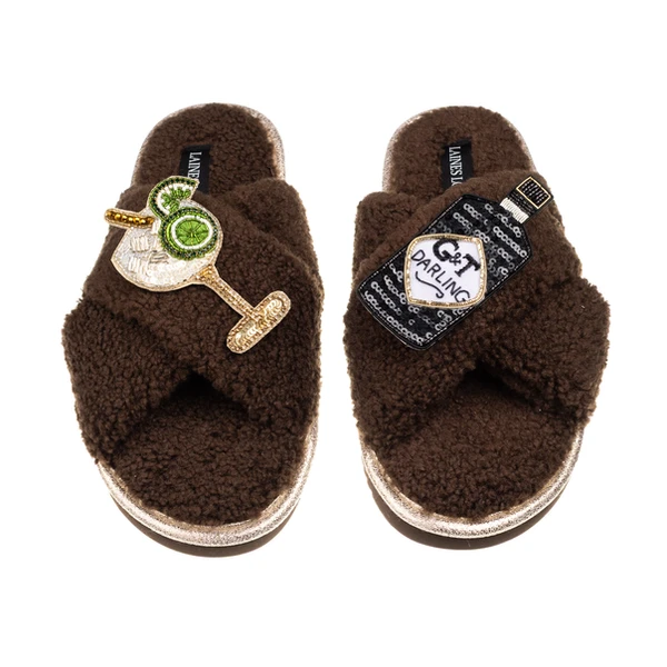 Laines London Laines Neutral Boucle Slippers With Botanical Gin Brooches