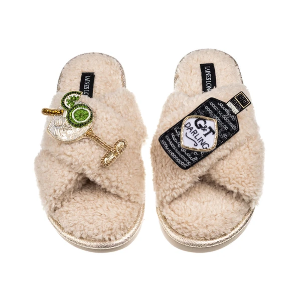 laines london Laines Neutral Boucle Slippers With Botanical Gin Brooches