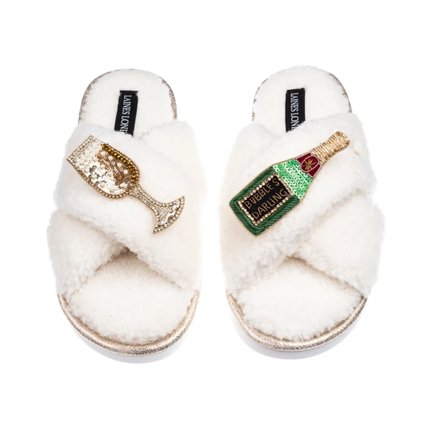 Laines London Laines Neutral Boucle Slippers With Bubbles Darling Brooches