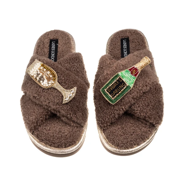Laines London Laines Neutral Boucle Slippers With Bubbles Darling Brooches