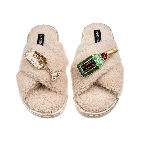 Laines London Laines Neutral Boucle Slippers With Bubbles Darling Brooches