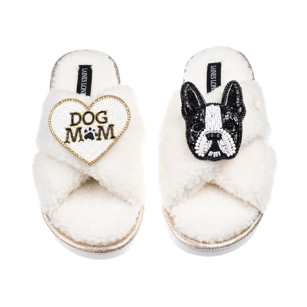Laines London Laines Neutral Boucle Slippers With Buddy Boston Terrier & Dog Mum/Mom Brooches