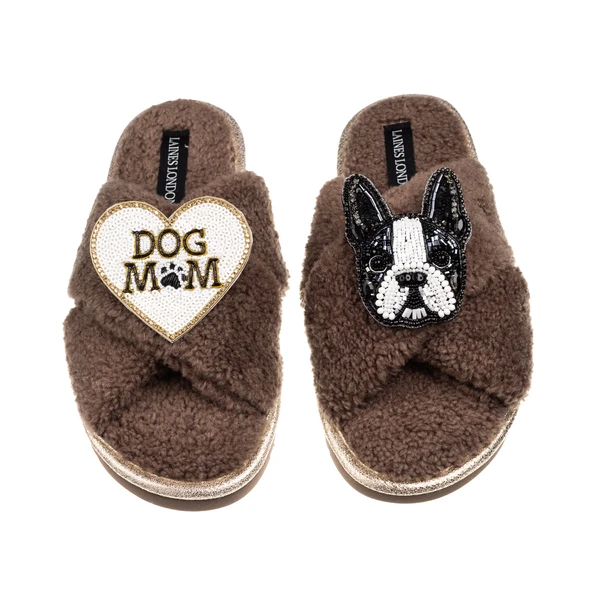 Laines London Laines Neutral Boucle Slippers With Buddy Boston Terrier & Dog Mum/Mom Brooches