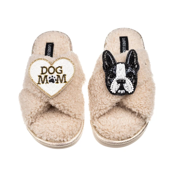 Laines London Laines Neutral Boucle Slippers With Buddy Boston Terrier & Dog Mum/Mom Brooches