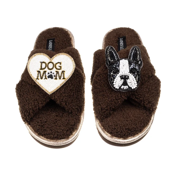 laines london Laines Neutral Boucle Slippers With Buddy Boston Terrier & Dog Mum/Mom Brooches