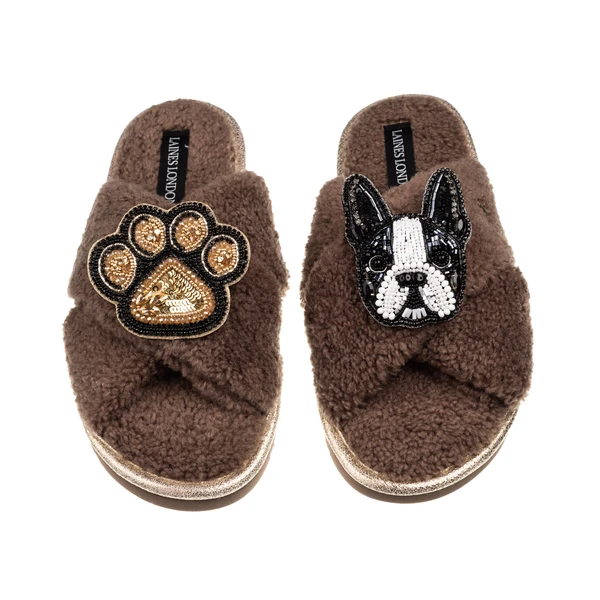 Laines London Laines Neutral Boucle Slippers With Buddy The Boston Terrier & Paw Brooches