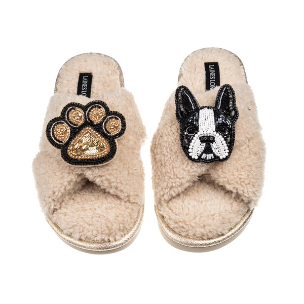 Laines London Laines Neutral Boucle Slippers With Buddy The Boston Terrier & Paw Brooches