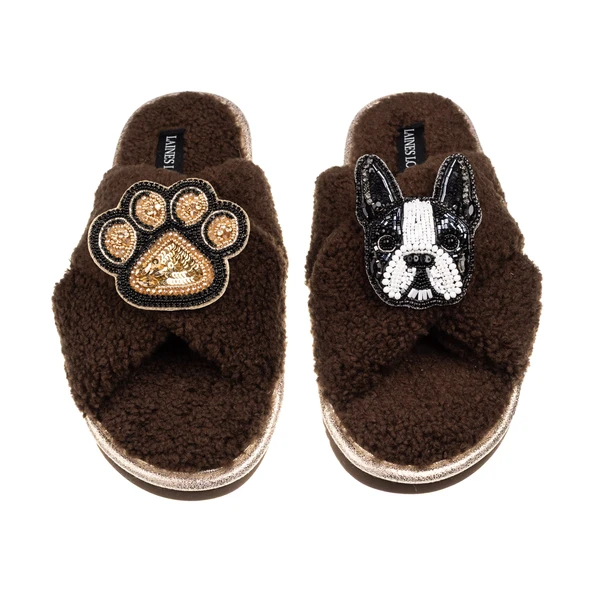 Laines London Laines Neutral Boucle Slippers With Buddy The Boston Terrier & Paw Brooches