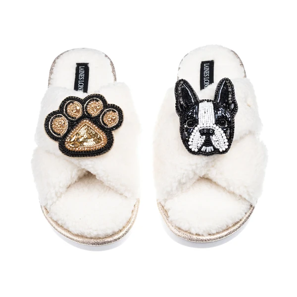 laines london Laines Neutral Boucle Slippers With Buddy The Boston Terrier & Paw Brooches
