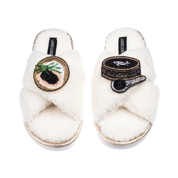 Laines London Laines Neutral Boucle Slippers With Caviar & Blini Brooches