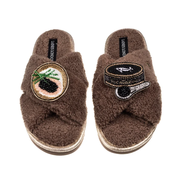 Laines London Laines Neutral Boucle Slippers With Caviar & Blini Brooches