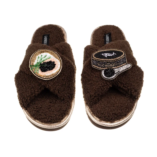 Laines London Laines Neutral Boucle Slippers With Caviar & Blini Brooches