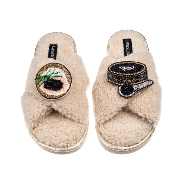 laines london Laines Neutral Boucle Slippers With Caviar & Blini Brooches