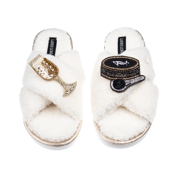 Laines London Laines Neutral Boucle Slippers With Caviar & Glass Of Champers Brooches