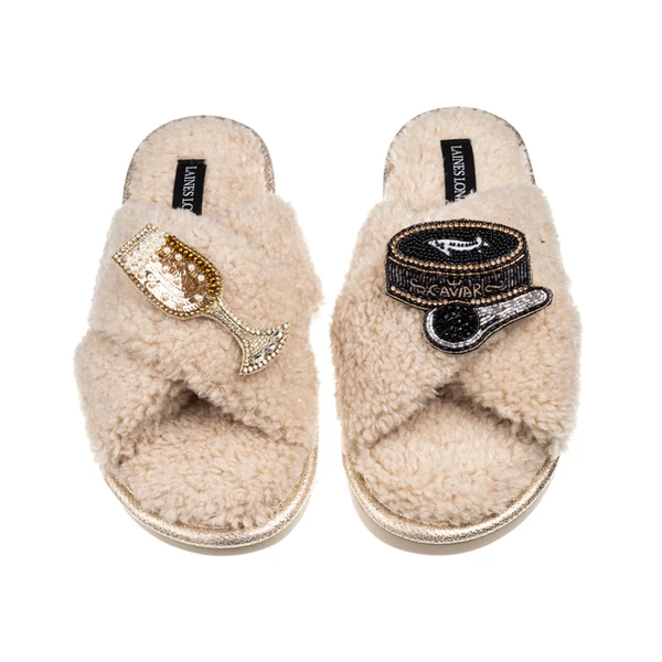 Laines London Laines Neutral Boucle Slippers With Caviar & Glass Of Champers Brooches