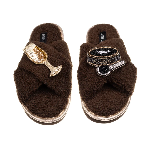 Laines London Laines Neutral Boucle Slippers With Caviar & Glass Of Champers Brooches