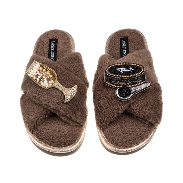 laines london Laines Neutral Boucle Slippers With Caviar & Glass Of Champers Brooches