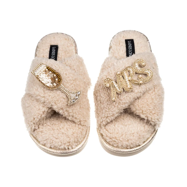 Laines London Laines Neutral Boucle Slippers With Champers & Mrs Brooches