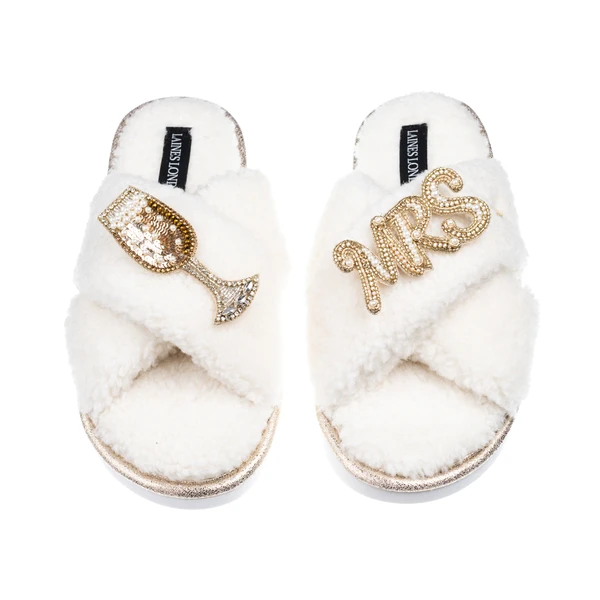 Laines London Laines Neutral Boucle Slippers With Champers & Mrs Brooches