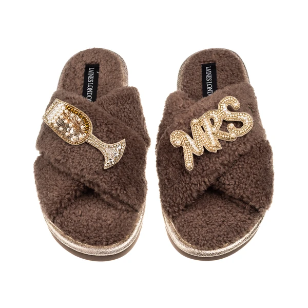 Laines London Laines Neutral Boucle Slippers With Champers & Mrs Brooches