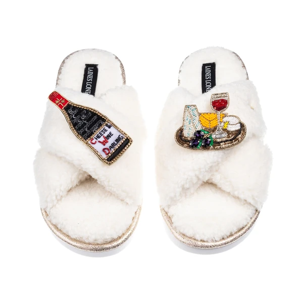 Laines London Laines Neutral Boucle Slippers With Cheese & Wine Brooches