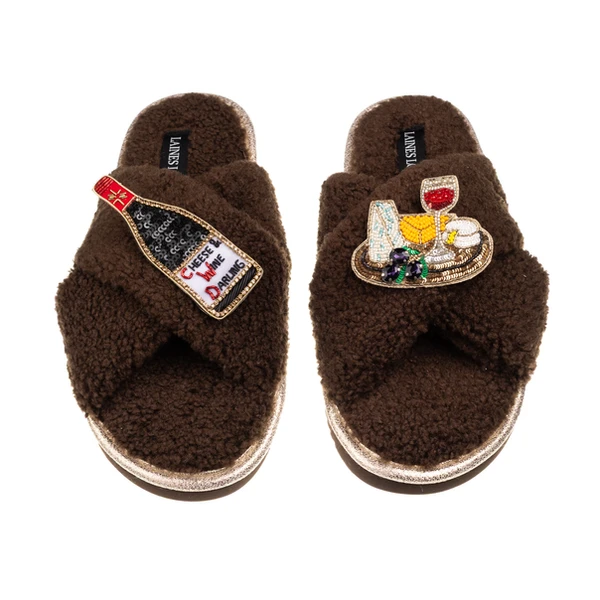 Laines London Laines Neutral Boucle Slippers With Cheese & Wine Brooches