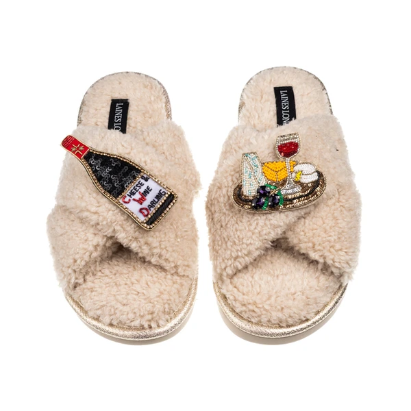 laines london Laines Neutral Boucle Slippers With Cheese & Wine Brooches