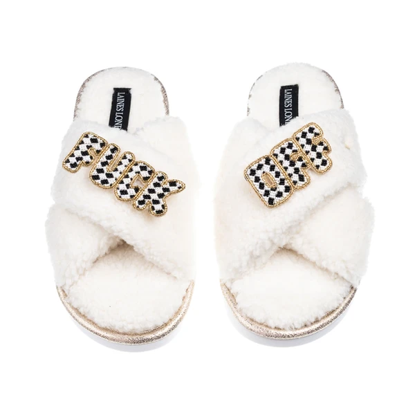Laines London Laines Neutral Boucle Slippers With Chequered Fuck Off Brooches