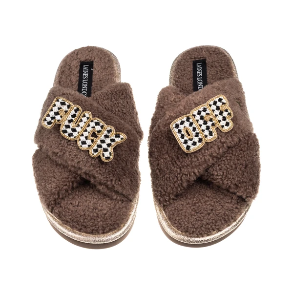 Laines London Laines Neutral Boucle Slippers With Chequered Fuck Off Brooches