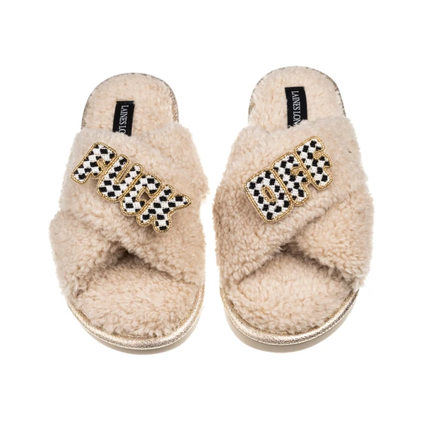 Laines London Laines Neutral Boucle Slippers With Chequered Fuck Off Brooches