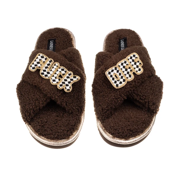 laines london Laines Neutral Boucle Slippers With Chequered Fuck Off Brooches