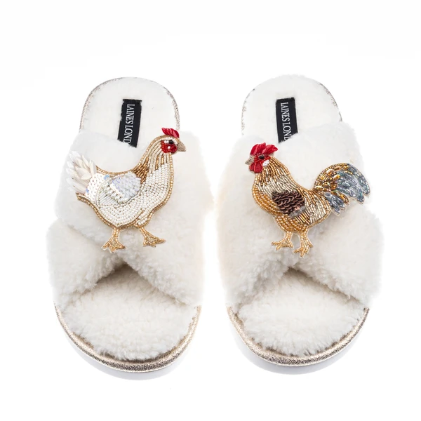 Laines London Laines Neutral Boucle Slippers With Chicken & Rooster Brooches