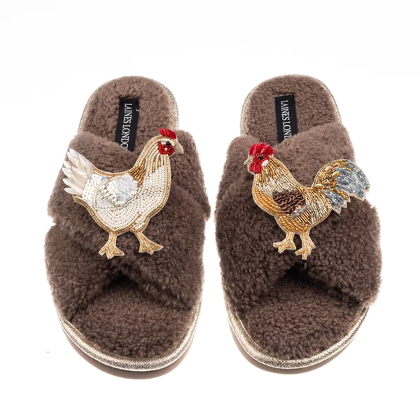 Laines London Laines Neutral Boucle Slippers With Chicken & Rooster Brooches