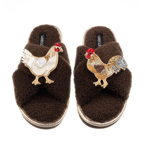 laines london Laines Neutral Boucle Slippers With Chicken & Rooster Brooches laines london Laines Neutral Boucle Slippers With Chicken & Rooster Brooches