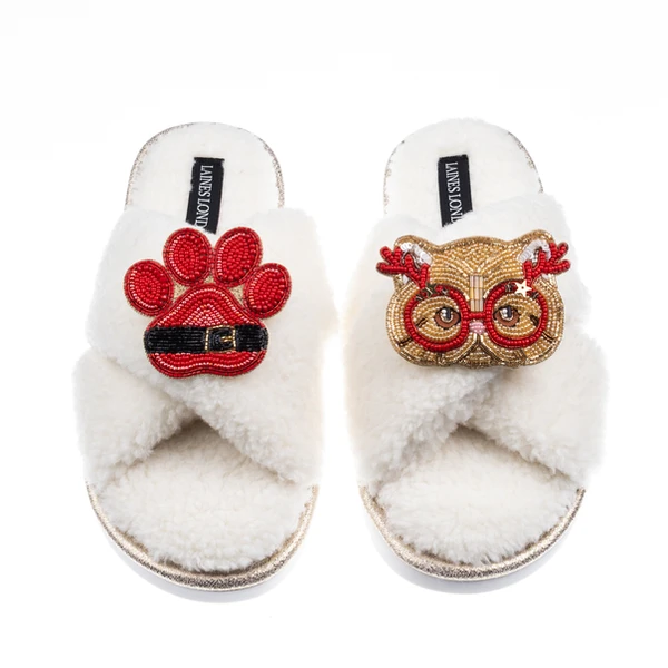 Laines London Laines Neutral Boucle Slippers With Christmas Golden British Shorthair Cat & Paw