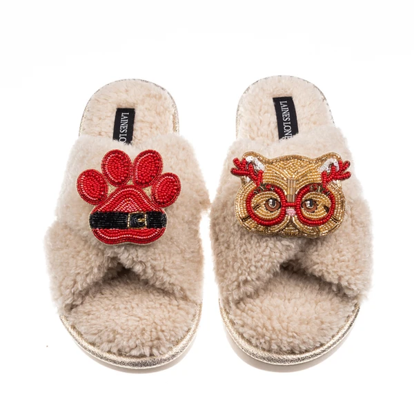 Laines London Laines Neutral Boucle Slippers With Christmas Golden British Shorthair Cat & Paw