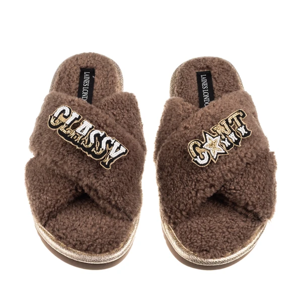 Laines London Laines Neutral Boucle Slippers With Classy C*nt Brooches