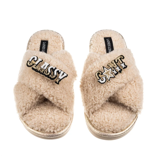 Laines London Laines Neutral Boucle Slippers With Classy C*nt Brooches