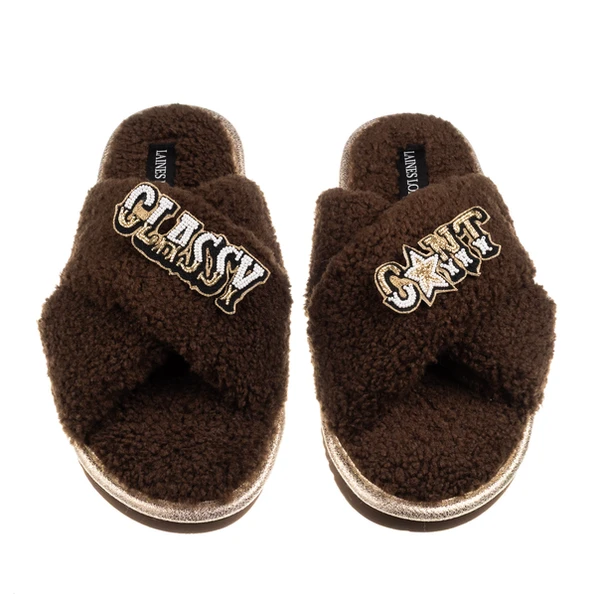 Laines London Laines Neutral Boucle Slippers With Classy C*nt Brooches