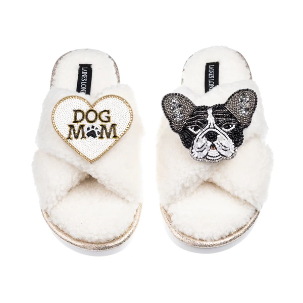 Laines London Laines Neutral Boucle Slippers With Coco The Frenchie & Dog Mum / Mom Brooches