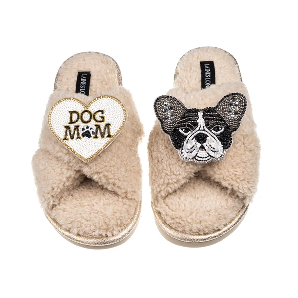 Laines London Laines Neutral Boucle Slippers With Coco The Frenchie & Dog Mum / Mom Brooches
