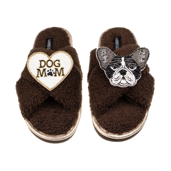Laines London Laines Neutral Boucle Slippers With Coco The Frenchie & Dog Mum / Mom Brooches