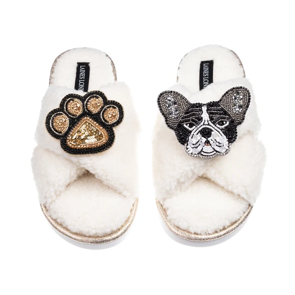 Laines London Laines Neutral Boucle Slippers With Coco The Frenchie & Paw Brooches