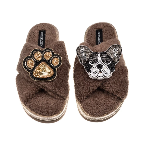 Laines London Laines Neutral Boucle Slippers With Coco The Frenchie & Paw Brooches