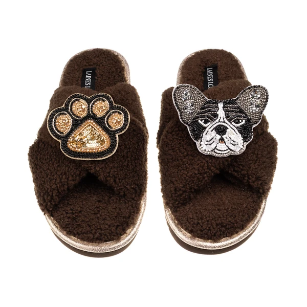Laines London Laines Neutral Boucle Slippers With Coco The Frenchie & Paw Brooches