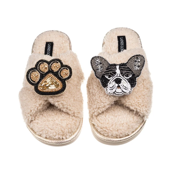 laines london Laines Neutral Boucle Slippers With Coco The Frenchie & Paw Brooches
