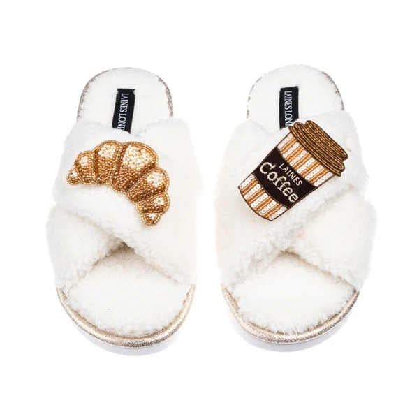 Laines London Laines Neutral Boucle Slippers With Coffee & Croissant Brooches