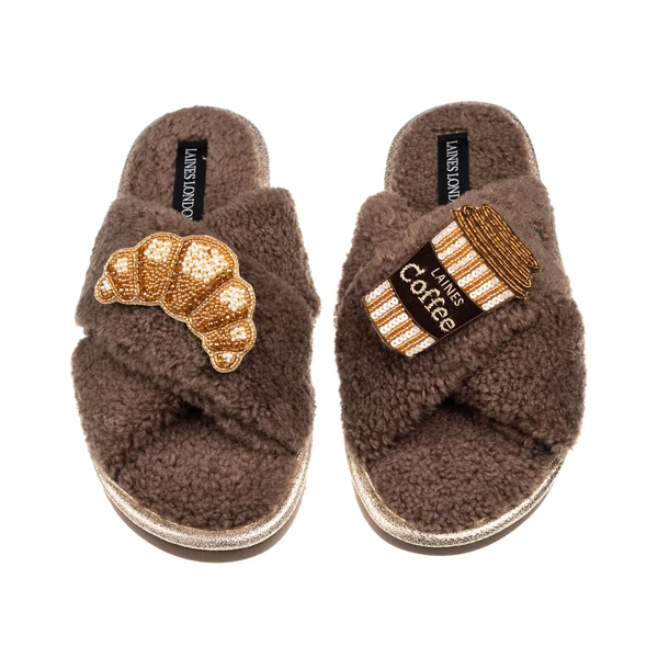 Laines London Laines Neutral Boucle Slippers With Coffee & Croissant Brooches